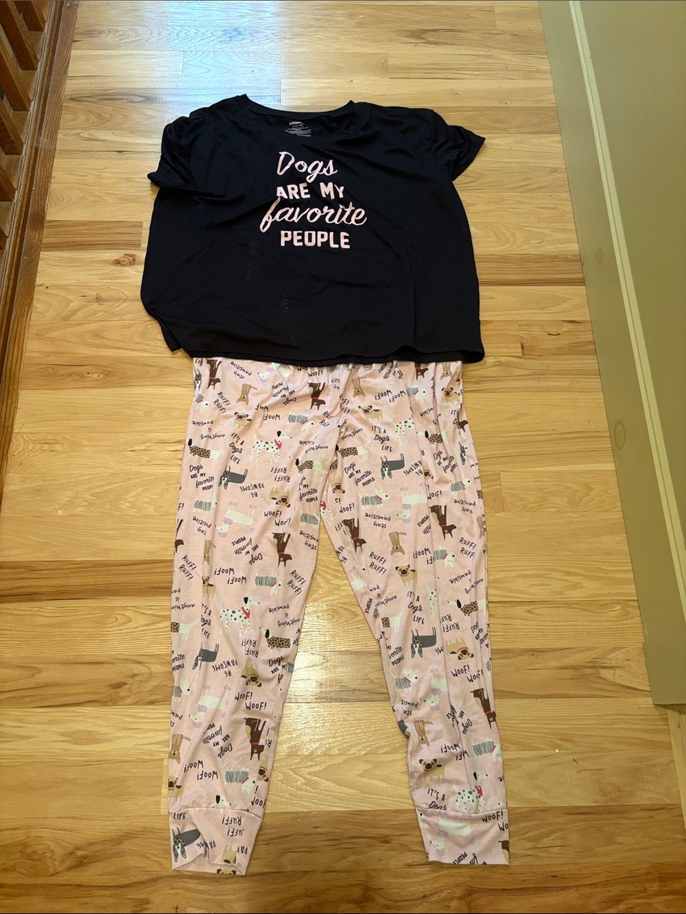 Cozy Two-Piece Pajama Set - Black Top & Pink Dog-Print Pants